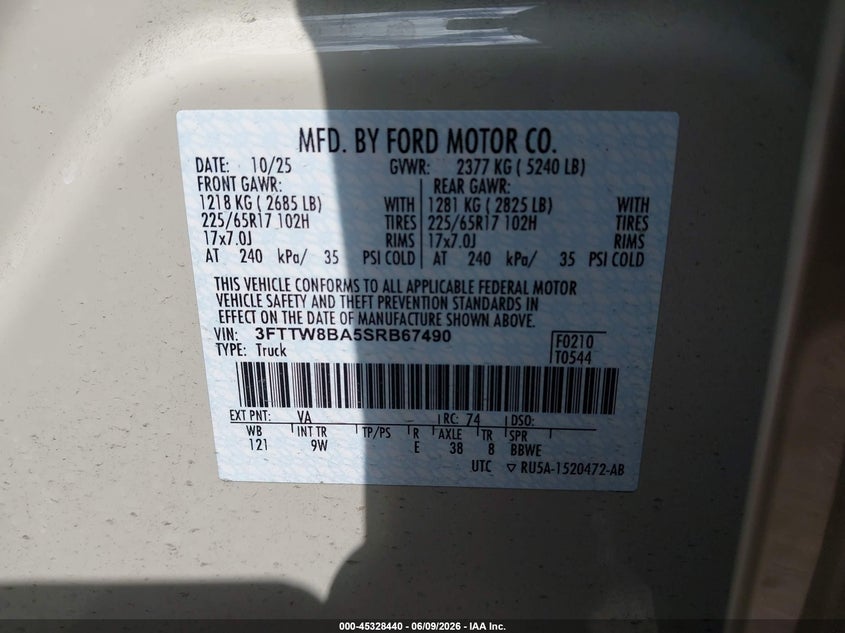2025 Ford Maverick VIN 3FTTW8BA5SRB67490 IAAI salvage auction — RIGHT SIDE, Salvage (Oregon), sold $8,200 on 2026-07-29 (photo 9)