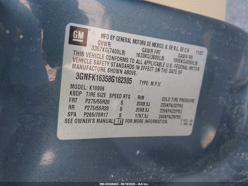 2008 Chevrolet Suburban 1500 VIN 3GNFK16358G182305 IAAI salvage auction — REAR END, Certificate Of Title (Nebraska), sold $1,275 on 2026-07-09 (photo 9)