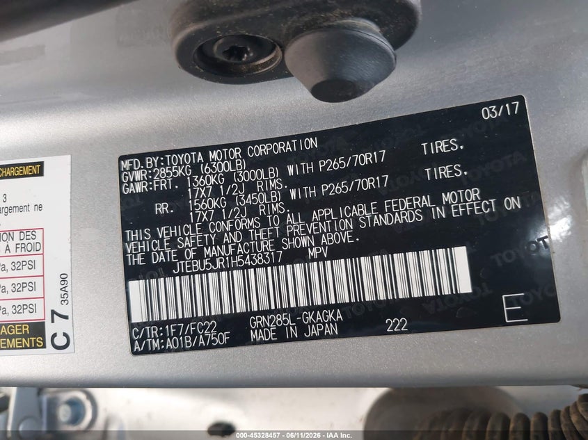 2017 Toyota 4runner VIN JTEBU5JR1H5438317 IAAI salvage auction — REAR END, Salvage (Arizona), sold $6,925 on 2026-07-14 (photo 9)