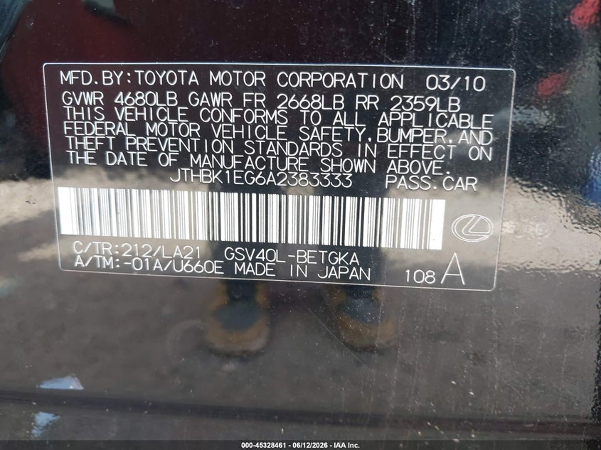 2010 Lexus Es 350 VIN JTHBK1EG6A2383333 IAAI salvage auction — NORMAL WEAR, Clear (Alabama), sold $1,200 on 2026-07-08 (photo 9)