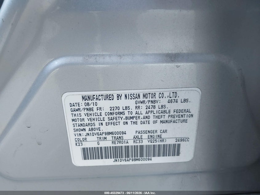 2011 Infiniti G25 VIN JN1DV6AP9BM600094 IAAI salvage auction — FRONT END, Salvage (California), sold $800 on 2026-07-21 (photo 9)