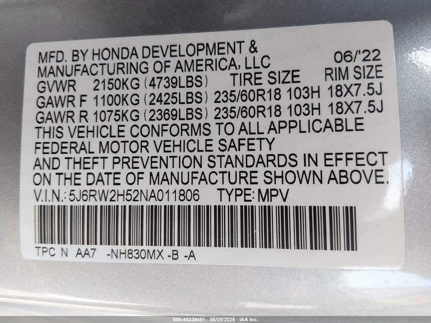 2022 Honda Cr-v VIN 5J6RW2H52NA011806 IAAI salvage auction — SIDE, Salvage Title, sold $8,800 on 2026-07-26 (photo 9)