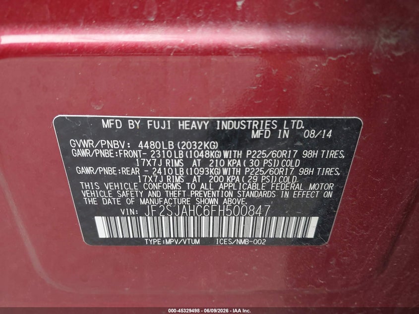2015 Subaru Forester VIN JF2SJAHC6FH500847 IAAI salvage auction — RIGHT SIDE, Salvage (Idaho), sold $875 on 2026-07-30 (photo 9)