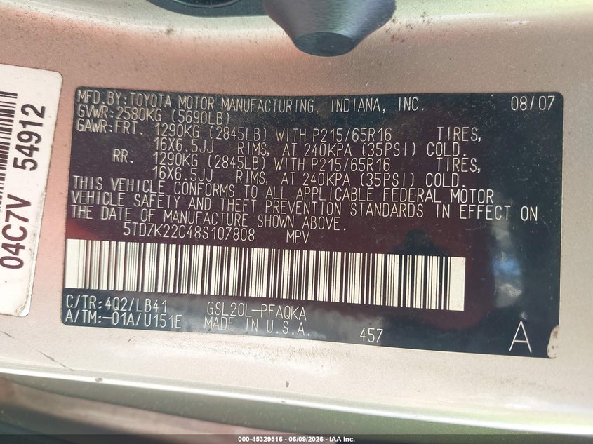 2008 Toyota Sienna VIN 5TDZK22C48S107808 IAAI salvage auction — NORMAL WEAR, Clear (Alabama), sold $525 on 2026-07-15 (photo 9)