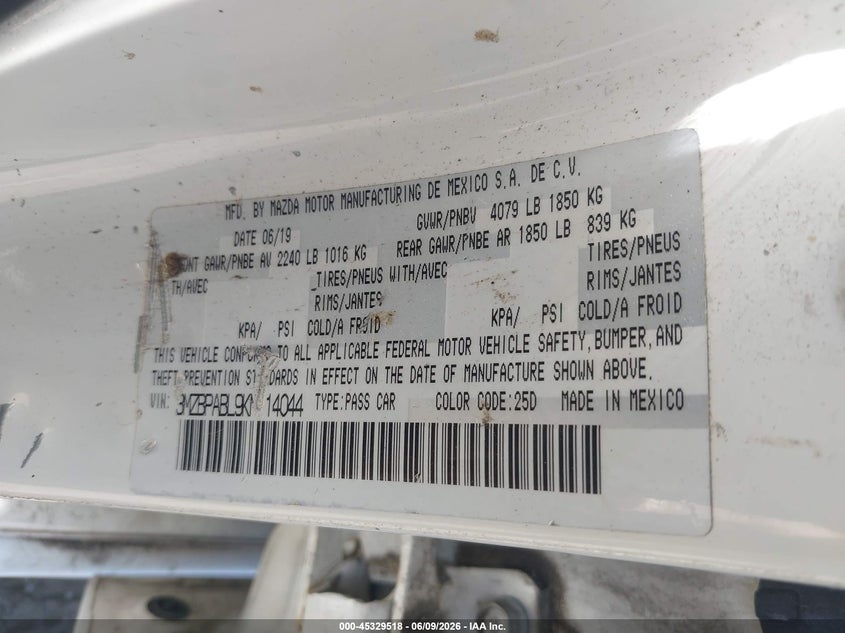 2019 Mazda 3 VIN 3MZBPABL9KM114044 IAAI salvage auction — FRONT END, Salvage Title, sold $2,150 on 2026-07-28 (photo 9)