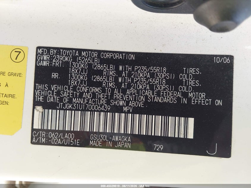 2007 Lexus Rx 350 VIN JTJGK31U170006439 IAAI salvage auction — RIGHT FRONT, Salvage (California), sold $425 on 2026-07-08 (photo 9)