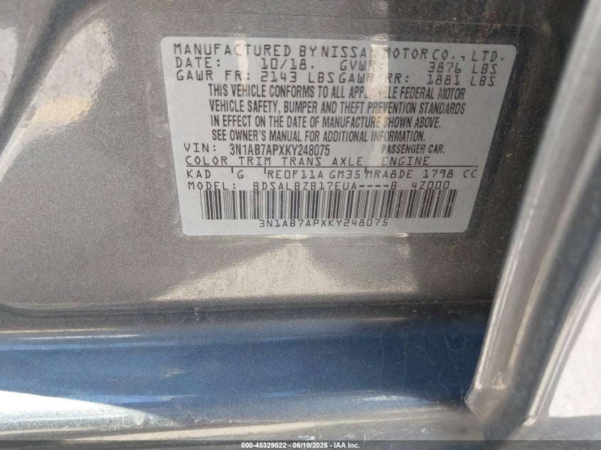 2019 Nissan Sentra VIN 3N1AB7APXKY248075 IAAI salvage auction — FRONT END, Clear (Texas), sold $1,650 on 2026-07-09 (photo 9)