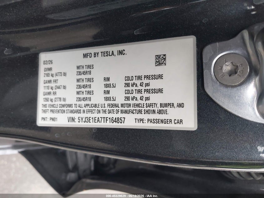 2026 Tesla Model 3 VIN 5YJ3E1EA7TF164857 IAAI salvage auction — RIGHT FRONT, Salvage Title, sold $12,250 on 2026-07-17 (photo 9)