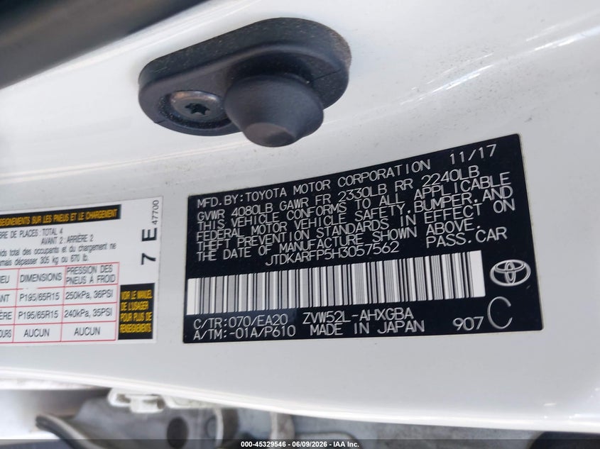 2017 Toyota Prius VIN JTDKARFP5H3057562 IAAI salvage auction — REAR END, Salvage Title, sold $7,100 on 2026-07-10 (photo 9)