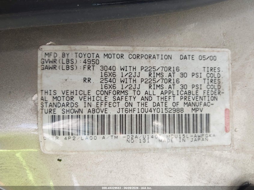 2000 Lexus Rx 300 VIN JT6HF10U4Y0152988 IAAI salvage auction — ROLLOVER, Bill Of Sale (Washington), sold $325 on 2026-07-08 (photo 9)