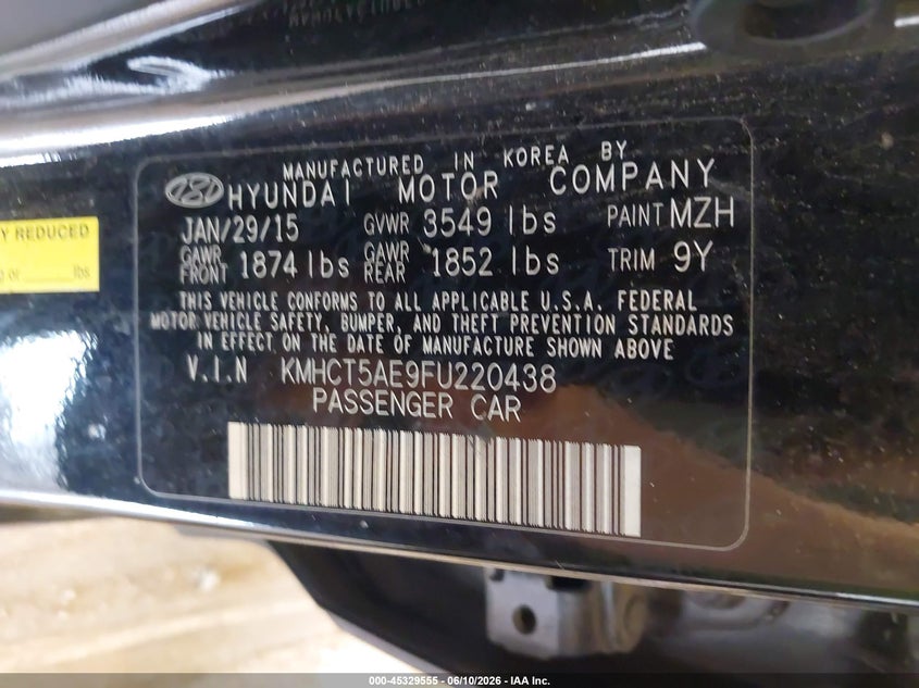 2015 Hyundai Accent VIN KMHCT5AE9FU220438 IAAI salvage auction — NORMAL WEAR, Clear (Michigan), sold $400 on 2026-07-28 (photo 9)