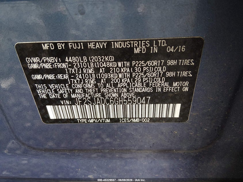 2016 Subaru Forester VIN JF2SJADC6GH559047 IAAI salvage auction — REAR END, Salvage (Oregon), sold $1,250 on 2026-07-27 (photo 9)