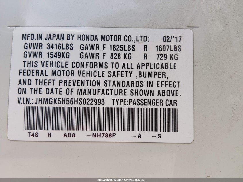 2017 Honda Fit VIN JHMGK5H56HS022993 IAAI salvage auction — REAR END, Salvage (California), sold $2,350 on 2026-07-05 (photo 9)