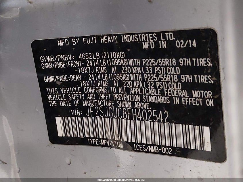 2015 Subaru Forester VIN JF2SJGUC8FH402542 IAAI salvage auction — LEFT SIDE, Salvage Title, sold $750 on 2026-08-01 (photo 9)