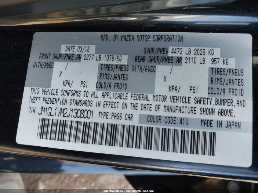 2018 Mazda 6 VIN JM1GL1VM2J1308001 IAAI salvage auction — RIGHT FRONT, Salvage Title, sold $550 on 2026-07-20 (photo 9)