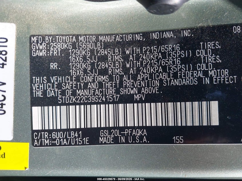 2009 Toyota Sienna VIN 5TDZK22C39S241517 IAAI salvage auction — REAR END, Salvage Certificate (California), sold $475 on 2026-07-08 (photo 9)