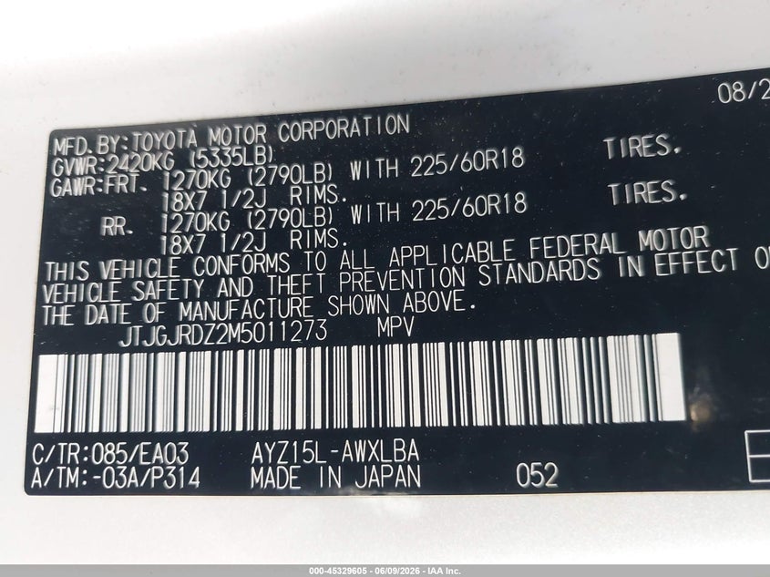 2021 Lexus Nx VIN JTJGJRDZ2M5011273 IAAI salvage auction — FRONT END, Salvage Title, sold $10,225 on 2026-07-22 (photo 9)