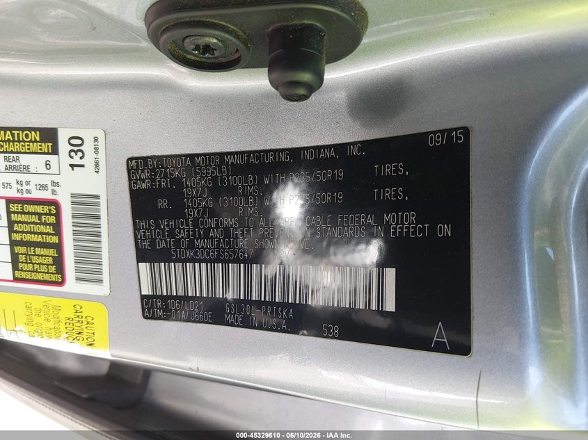 2015 Toyota Sienna VIN 5TDXK3DC6FS657647 IAAI salvage auction — SIDE, Salvage Certificate (California), sold $2,550 on 2026-07-10 (photo 9)