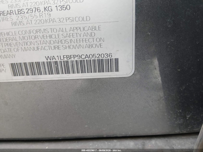 2012 Audi Q5 VIN WA1LFBFP9CA052036 IAAI salvage auction — NORMAL WEAR, Salvage Title, sold $550 on 2026-07-20 (photo 9)