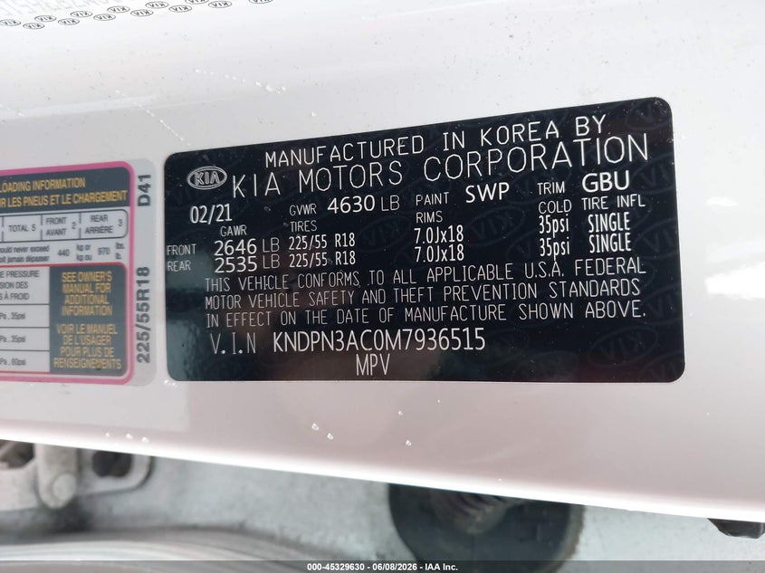2021 Kia Sportage VIN KNDPN3AC0M7936515 IAAI salvage auction — LEFT REAR, Salvage (Oregon), sold $5,700 on 2026-07-23 (photo 9)