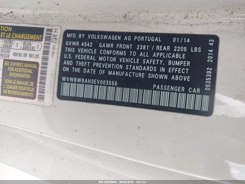 2014 Volkswagen Eos VIN WVWBW8AH3EV003558 IAAI salvage auction — NORMAL WEAR, Original (Texas), sold $975 on 2026-07-10 (photo 9)