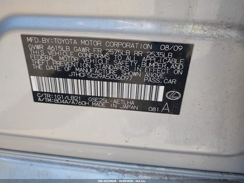 2010 Lexus Is 250 VIN JTHCF5C29A5036097 IAAI salvage auction — NORMAL WEAR, Clear (New York), sold $675 on 2026-07-06 (photo 9)