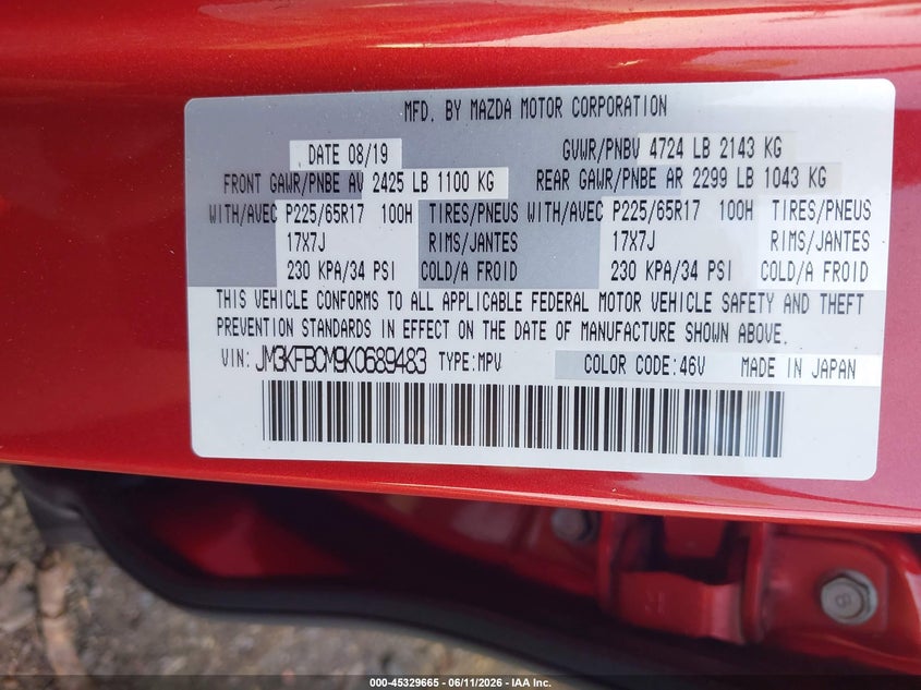 2019 Mazda Cx-5 VIN JM3KFBCM9K0689483 IAAI salvage auction — FRONT END, Mv-907A (New York), sold $4,850 on 2026-07-14 (photo 9)
