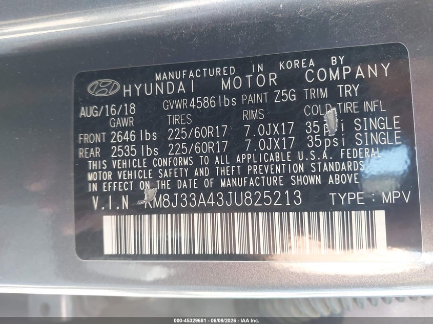 2018 Hyundai Tucson VIN KM8J33A43JU825213 IAAI salvage auction — SIDE, Salvage Title, sold $2,650 on 2026-07-24 (photo 9)