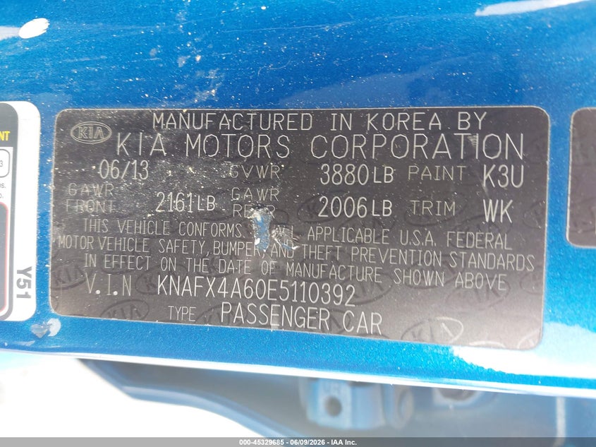 2014 Kia Forte VIN KNAFX4A60E5110392 IAAI salvage auction — REAR END, Salvage Title, sold $1,000 on 2026-07-06 (photo 9)