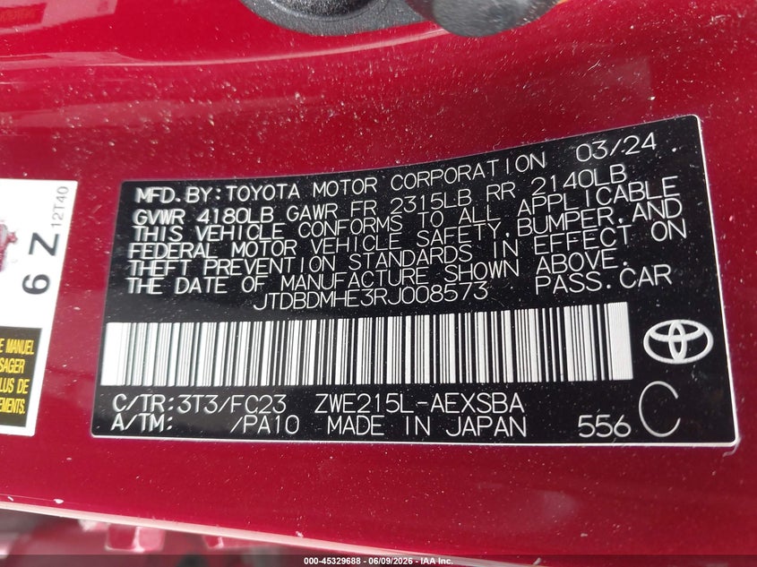 2024 Toyota Corolla VIN JTDBDMHE3RJ008573 IAAI salvage auction — LEFT FRONT, Salvage Title, sold $9,025 on 2026-07-27 (photo 9)