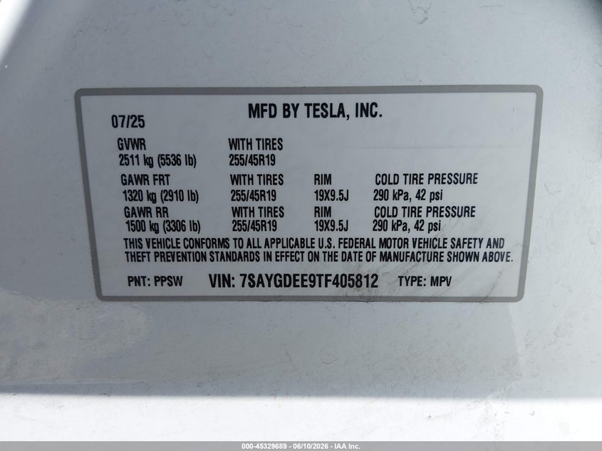 2026 Tesla Model y VIN 7SAYGDEE9TF405812 IAAI salvage auction — HAIL, Clear (Missouri), sold $26,000 on 2026-07-20 (photo 9)
