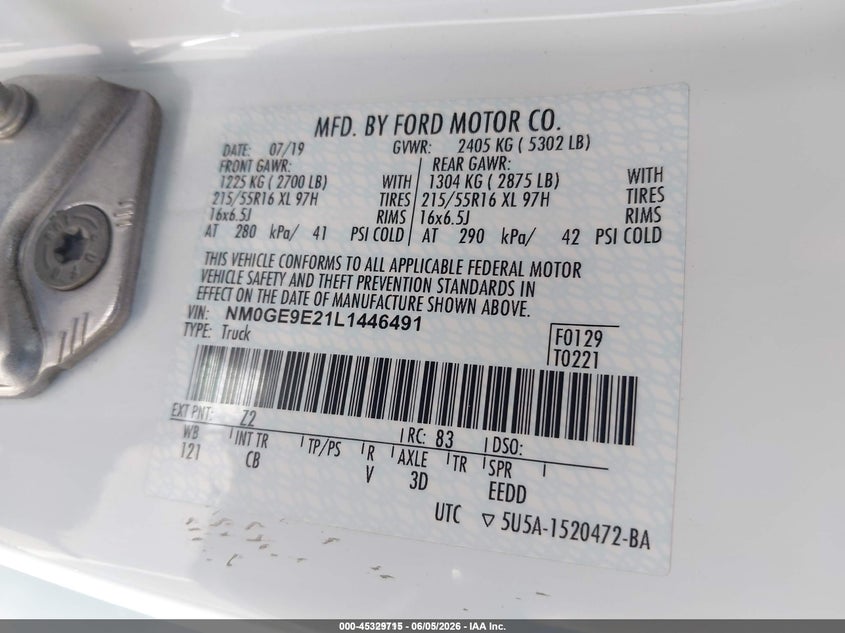 2020 Ford Transit VIN NM0GE9E21L1446491 IAAI salvage auction — RIGHT FRONT, SF97 (California), sold $2,950 on 2026-07-28 (photo 9)