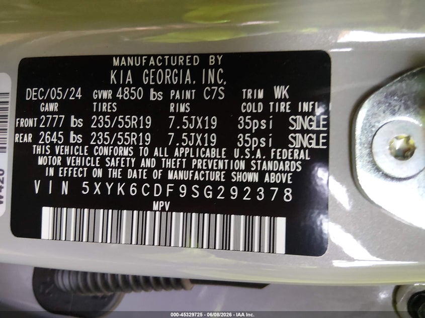 2025 Kia Sportage VIN 5XYK6CDF9SG292378 IAAI salvage auction — REAR END, Salvage (Arizona), sold $10,200 on 2026-07-28 (photo 9)