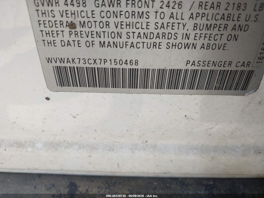 2007 Volkswagen Passat VIN WVWAK73CX7P150468 IAAI salvage auction — NORMAL WEAR, Original (Texas), sold $325 on 2026-08-12 (photo 9)