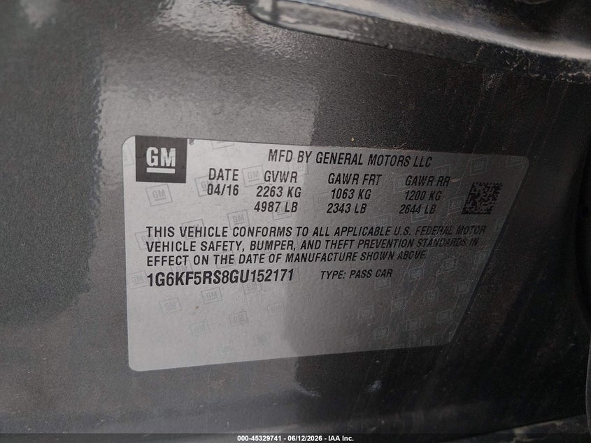 2016 Cadillac Ct6 VIN 1G6KF5RS8GU152171 IAAI salvage auction — SIDE, Original (Texas), sold $3,250 on 2026-07-22 (photo 9)