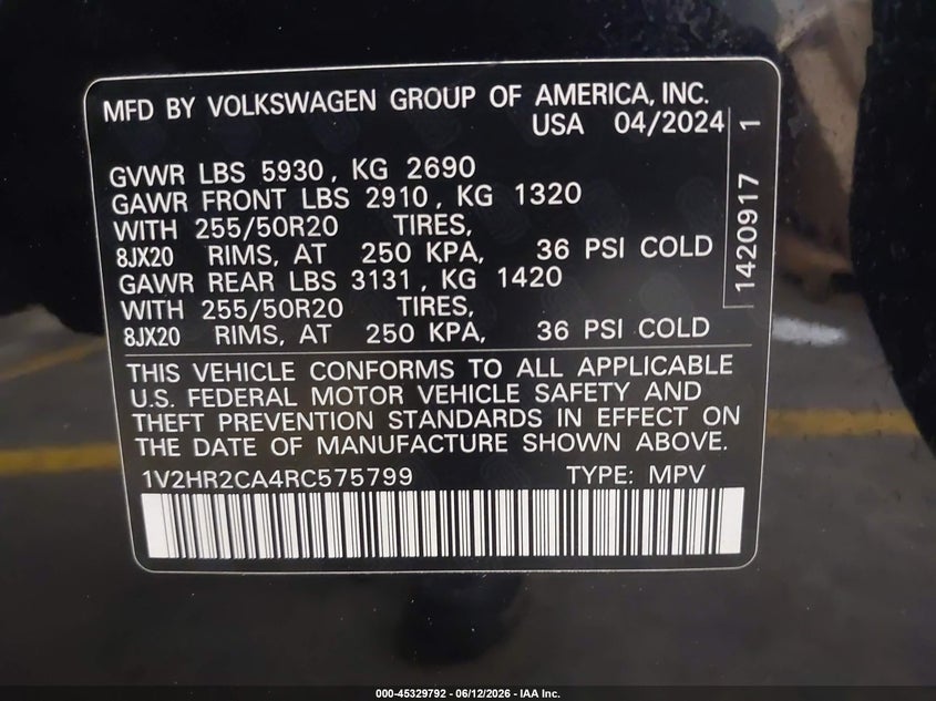 2024 Volkswagen Atlas VIN 1V2HR2CA4RC575799 IAAI salvage auction — RIGHT SIDE, Salvage (Arizona), sold $7,900 on 2026-07-28 (photo 9)