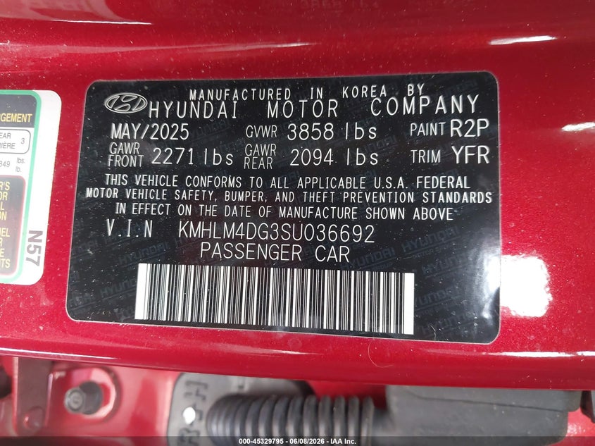 2025 Hyundai Elantra VIN KMHLM4DG3SU036692 IAAI salvage auction — FRONT END, Salvage Title, sold $3,750 on 2026-07-09 (photo 9)