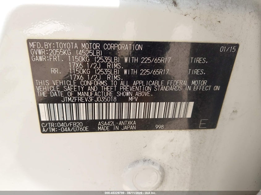 2015 Toyota Rav 4 VIN JTMZFREV3FJ035018 IAAI salvage auction — FRONT END, Original (Texas), sold $3,350 on 2026-07-29 (photo 9)