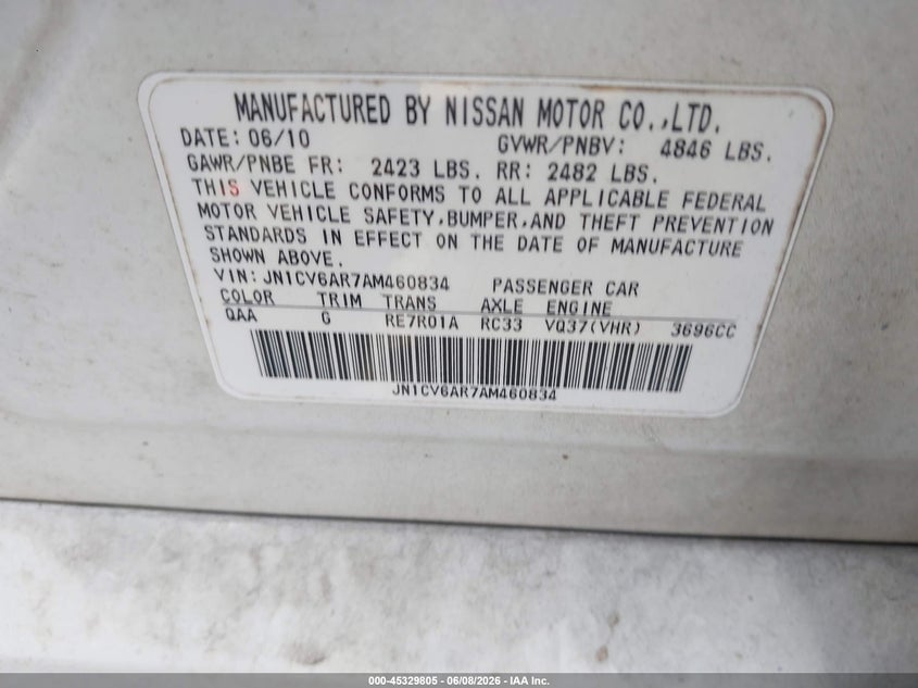2010 Infiniti G VIN JN1CV6AR7AM460834 IAAI salvage auction — NORMAL WEAR, Salvage Rebuilt (North Carolina), sold $550 on 2026-07-13 (photo 9)