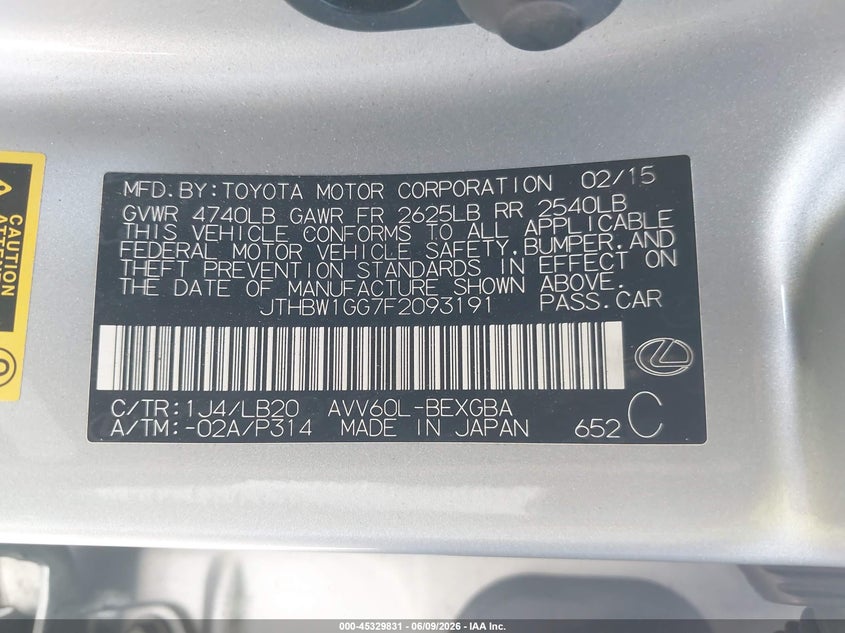 2015 Lexus ES VIN JTHBW1GG7F2093191 IAAI salvage auction — RIGHT FRONT, Salvage Title, sold $5,300 on 2026-07-29 (photo 9)