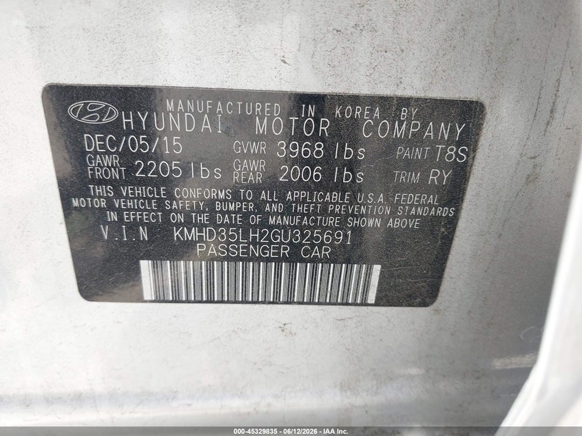 2016 Hyundai Elantra VIN KMHD35LH2GU325691 IAAI salvage auction — FRONT END, Salvage (California), sold $1,250 on 2026-07-07 (photo 9)