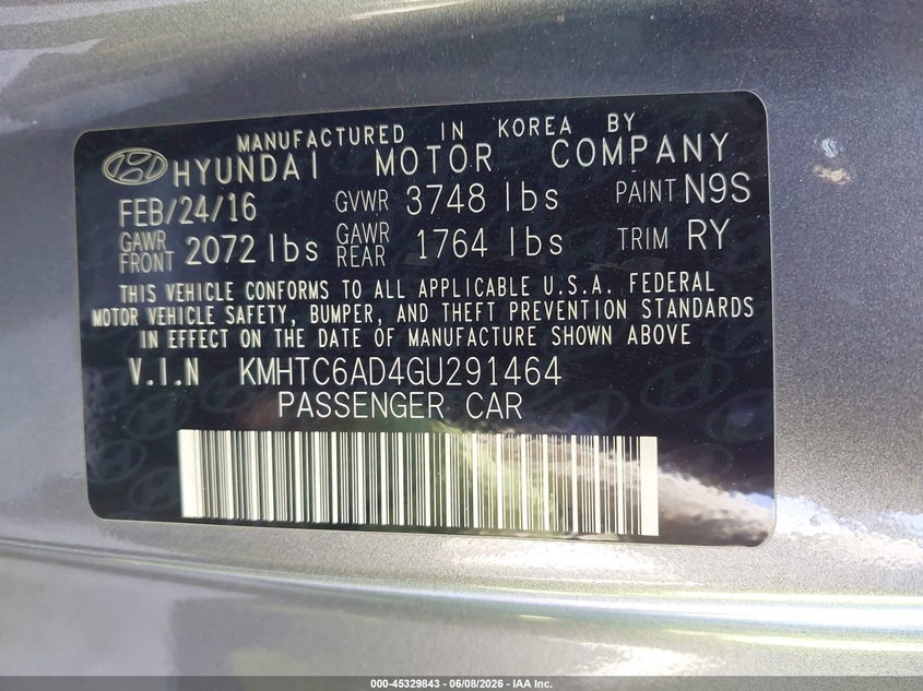 2016 Hyundai Veloster VIN KMHTC6AD4GU291464 IAAI salvage auction — NORMAL WEAR, Salvage Title, sold $375 on 2026-07-21 (photo 9)