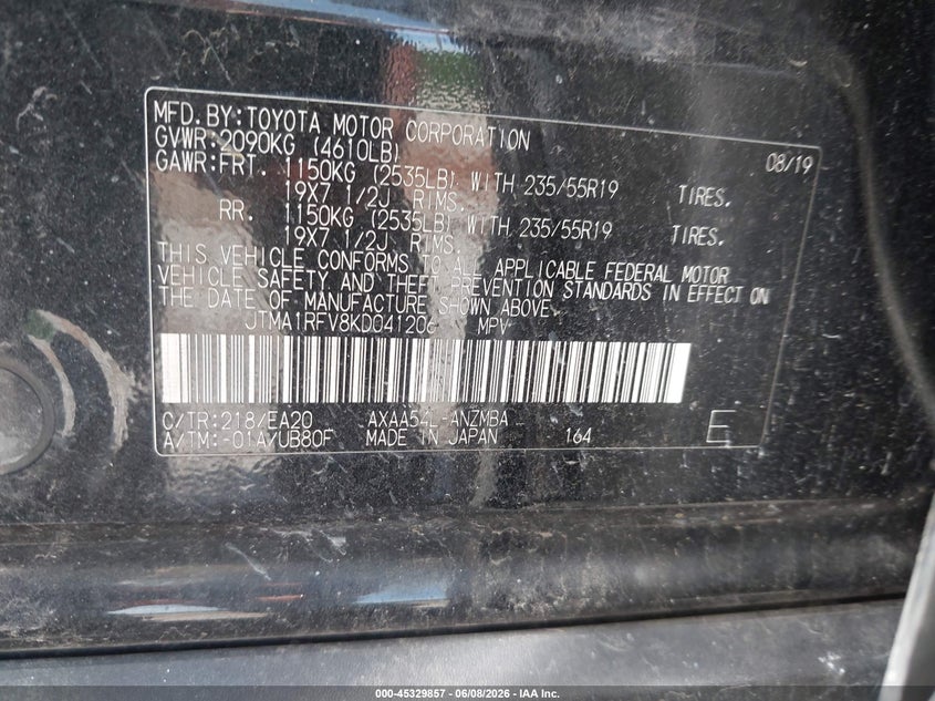 2019 Toyota Rav 4 VIN JTMA1RFV8KD041206 IAAI salvage auction — HAIL, Salvage Title, sold $10,000 on 2026-07-30 (photo 9)