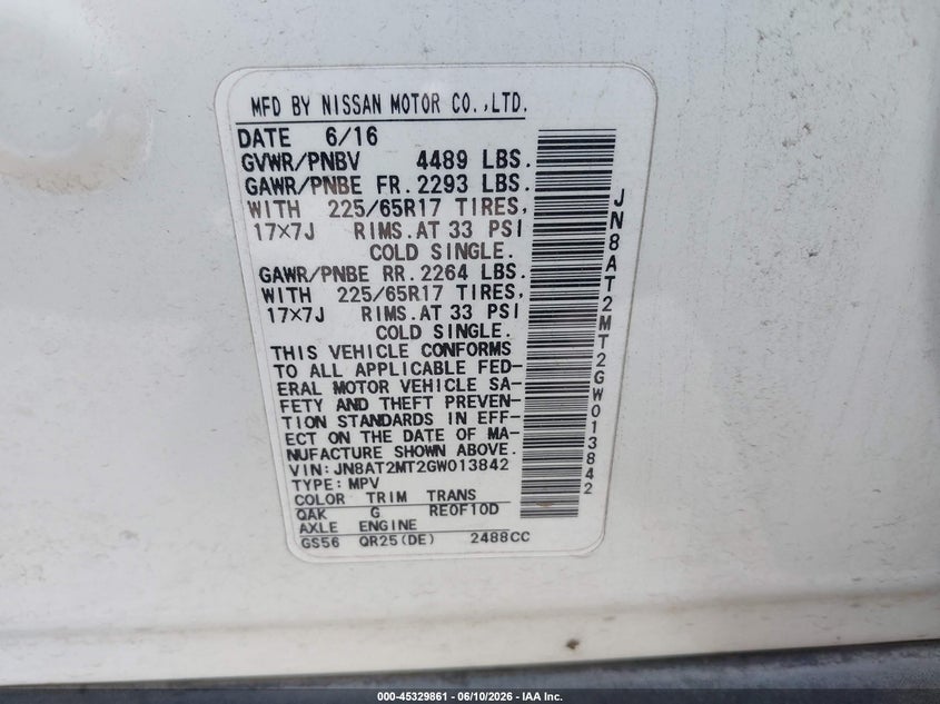 2016 Nissan Rogue VIN JN8AT2MT2GW013842 IAAI salvage auction — HAIL, Original (Texas), sold $1,700 on 2026-07-28 (photo 9)