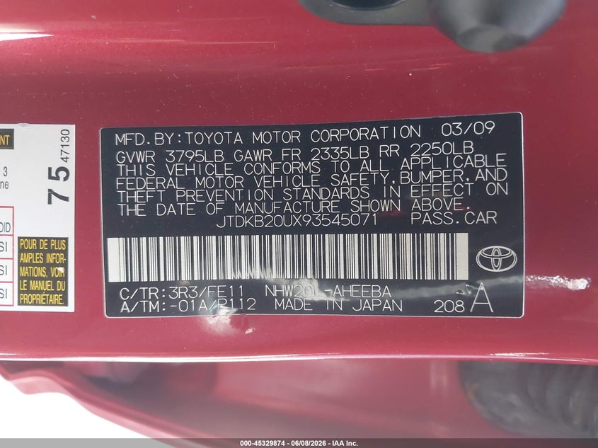 2009 Toyota Prius VIN JTDKB20UX93545071 IAAI salvage auction — FRONT END, Salvage (California), sold $350 on 2026-07-15 (photo 9)