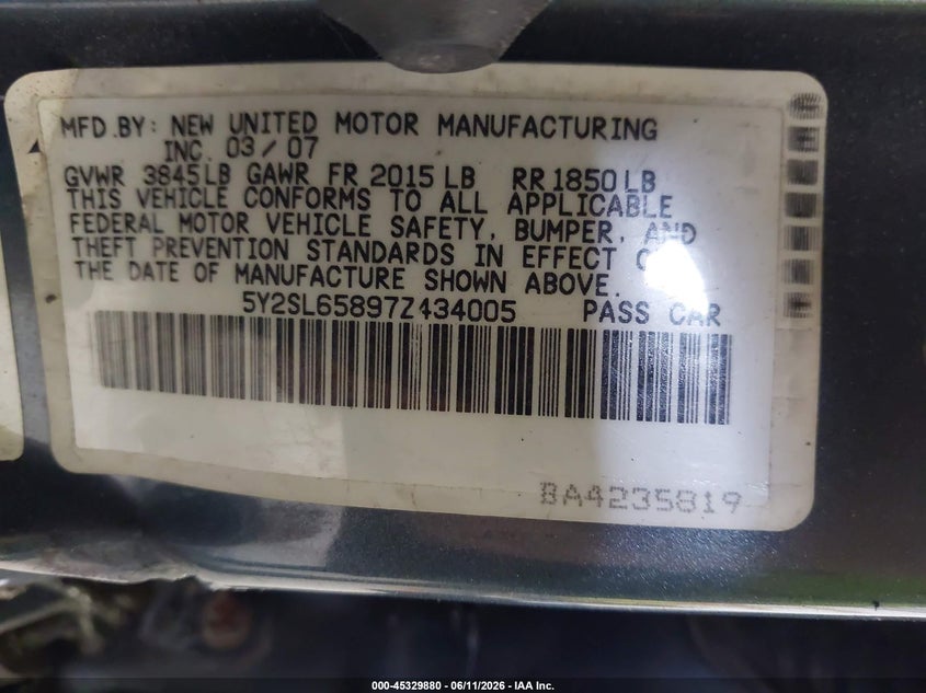 2007 Pontiac Vibe VIN 5Y2SL65897Z434005 IAAI salvage auction — LEFT SIDE, Mv-907A (New York), sold $525 on 2026-07-08 (photo 9)