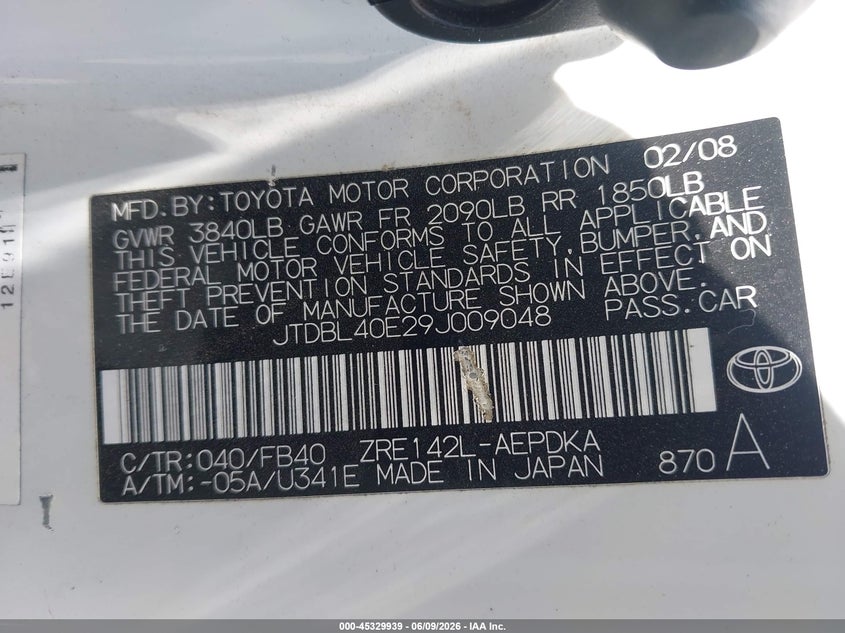 2009 Toyota Corolla VIN JTDBL40E29J009048 IAAI salvage auction — RIGHT REAR, Salvage (California), sold $425 on 2026-07-27 (photo 9)