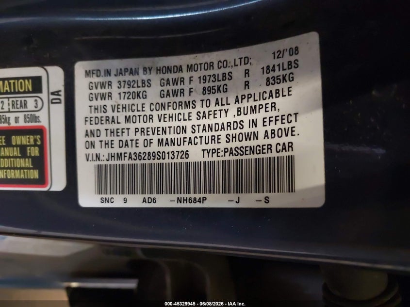 2009 Honda Civic VIN JHMFA36289S013726 IAAI salvage auction — NORMAL WEAR, Clear (Minnesota), sold $250 on 2026-07-08 (photo 9)