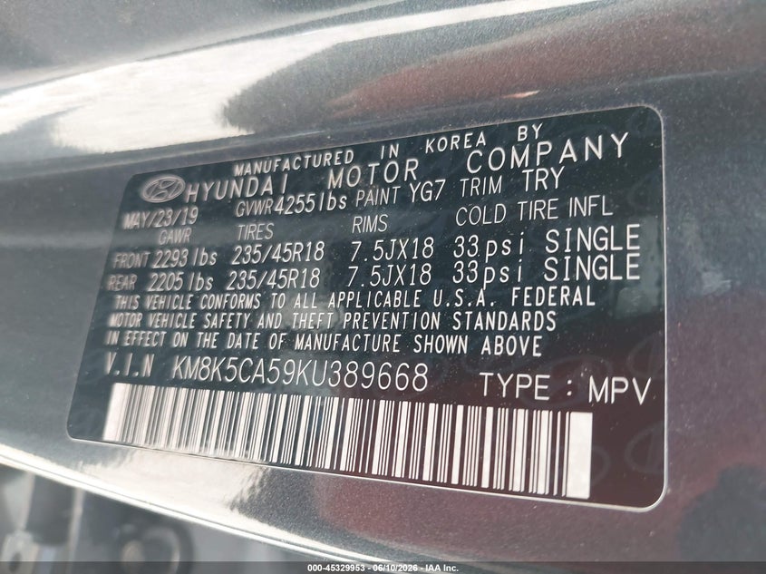 2019 Hyundai Kona VIN KM8K5CA59KU389668 IAAI salvage auction — FRONT END, Salvage (Alabama), sold $1,500 on 2026-07-28 (photo 9)
