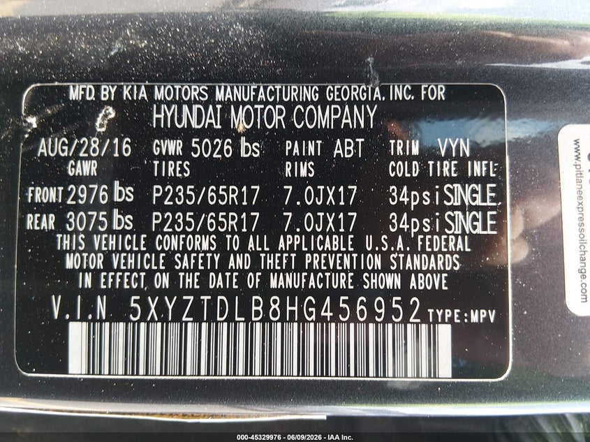 2017 Hyundai Santa fe VIN 5XYZTDLB8HG456952 IAAI salvage auction — FRONT END, Repossession Paperwork (South Carolina), sold $1,150 on 2026-07-08 (photo 9)